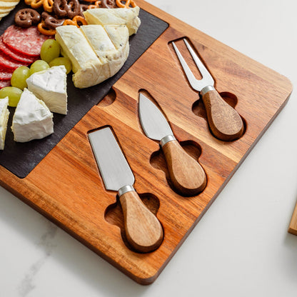 4 Pcs Clevinger Acacia Wood & Slate Cheese Board With Knife Set