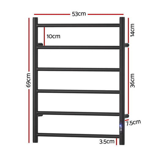 Devanti Heated Towel Rail 6 Round Bars  with Timer Electric Heater Warmer Rack