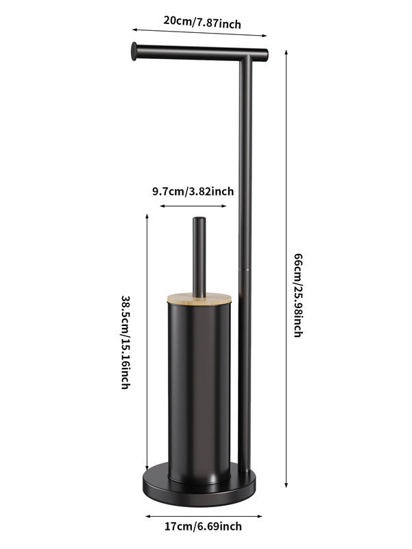 2-in-1 Iron Floor Standing Roll Paper Holder and Bamboo Lid Toilet Brush For Bathroom and Toilet-Black