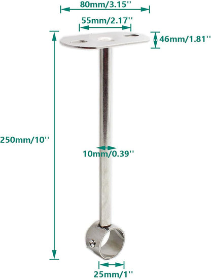 2 Pack Ceiling Mount Bracket, Stainless Steel Wardrobe Pipe Bracket Rod Holder Ceiling Holder,  Shower Curtain Closet Wardrobe Rod Lever Support Holder Pipe Flange Socket (25x250mm/1x10'')