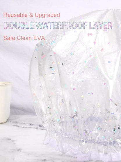 Luxury Shower Cap Reusable Waterproof for Women Sequin Lined Hair Cap for Shower Plastic Cap for Long Hair Large Double Layer Bath Cap Travel Essential & Cleaning Supplies