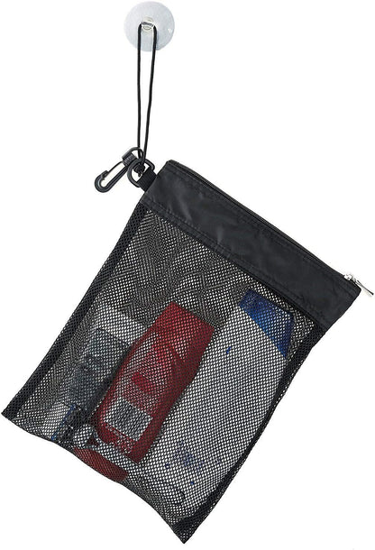 Shower Bag Tote, Mesh Caddy Toiletry Organizer 12”L x 9”W, Compact and Lightweight With Suction Cup, Cord for Hanging, Zipper and Drawstring Pouch 14”L x 10”W, Black Black