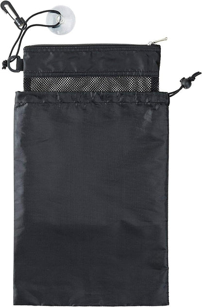 Shower Bag Tote, Mesh Caddy Toiletry Organizer 12”L x 9”W, Compact and Lightweight With Suction Cup, Cord for Hanging, Zipper and Drawstring Pouch 14”L x 10”W, Black Black