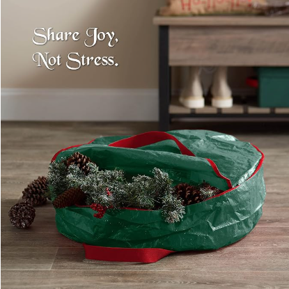 Christmas Wreath Storage Container 24 Inch - Wreath Bag for Artificial Wreaths Box - Dual Zippered Wreaths Storage Bag with Strong Durable Handles - Green