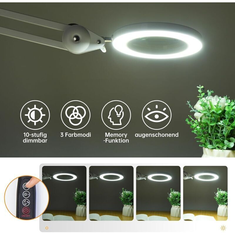 Magnifying Lamp, Work Light - With 105Mm 5 Diopter Glass Lens, Metal Clamp, Swivel Arm, 3 Color Mode Dimmable Lights 16