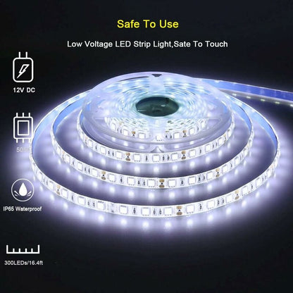 12V LED Strip Light Cool White 6500K, 5 Meters Flexible 300 LEDs 5050 Smd Ip65 Waterproof LED Strip [Energy Class A]