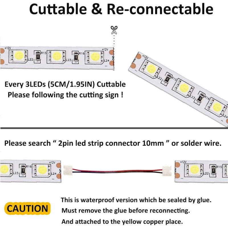 12V LED Strip Light Cool White 6500K, 5 Meters Flexible 300 LEDs 5050 Smd Ip65 Waterproof LED Strip [Energy Class A]