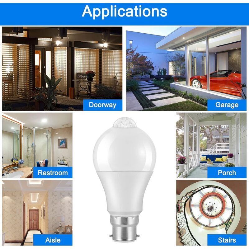 Motion Sensor Bulb B22 Bayonet LED, 12W, 1020Lm, Cool White 6000K, Cir 85, Waterproof Ip42 Energy Saving, Non-Dimmable,