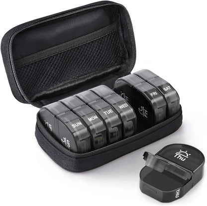 7 Day AM PM Pill Organizer, Large Travel Weekly Pill Case with Zipper Bag for Vitamins, Black