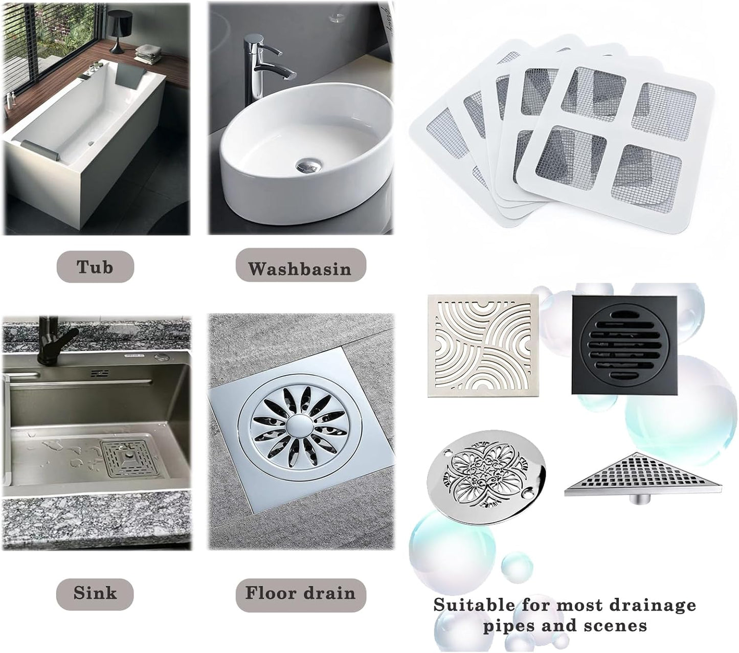 Disposable Hair Drain Stickers, 4" X 4"Disposable Shower Floor Drain Sticker, Disposable mesh Cover Sewer Filter Screen for Bathroom, Laundry,Sink,Tub,and Kitchen (30pcs)
