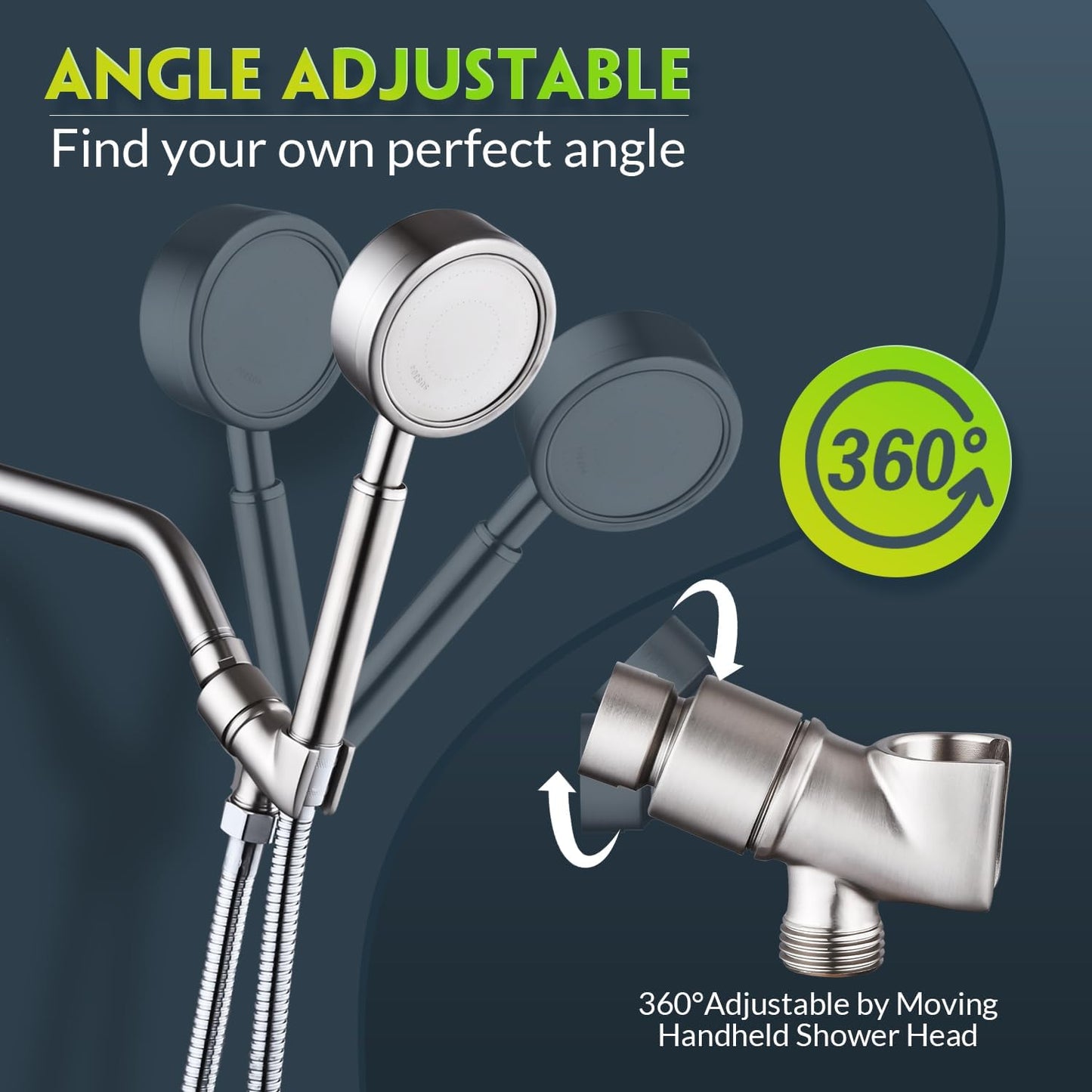 All Metal Handheld Shower Head Holder - Adjustable Brass Mount with 360 Degree Swivel Pivot Ball for Universal Shower Arm and Shower Hose Chrome Plated (Nickel)