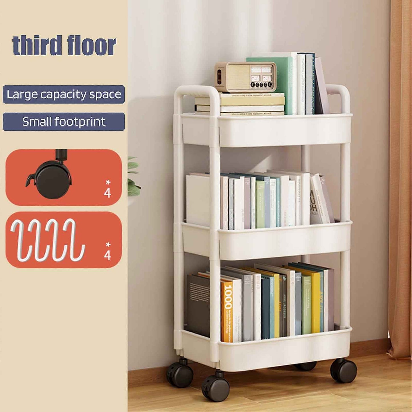 4-Tier Rolling Storage Cart with Wheels Black Mobile Rack Shelf Large Capacity Strong Load-Bearing