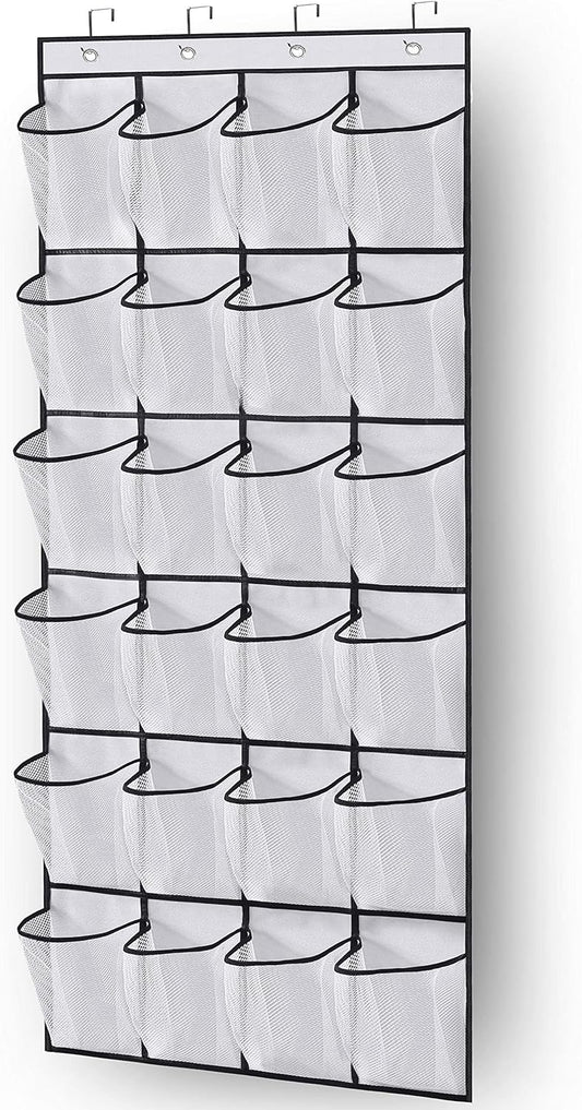 Over the Door Shoe Storage Organizer with 24 Large Mesh Pockets White