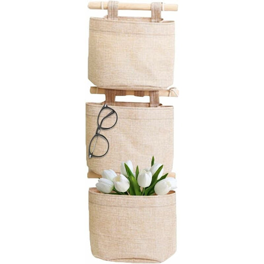 Hanging Storage Bag with Pockets 3 Layers Cotton Linen Canvas Hanging Storage Bag on Wall Door Organizer for Bedroom Bathroom