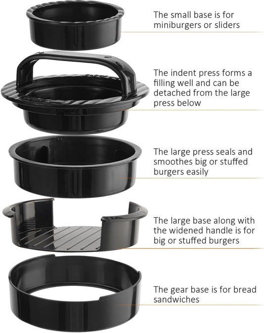 3-in-1 Hamburger and Hamburger Press - Hamburger Mold - Non-stick, Durable Patty Maker for Stuffed Burgers and Sliders - Easy to Clean - Black