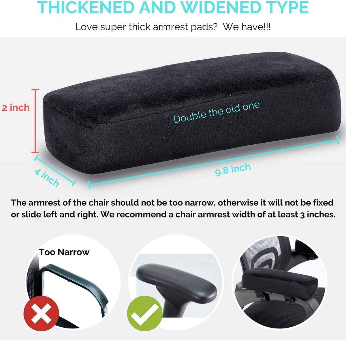 Armrests for chairs - Elbow pads - Armrests for office chairs - Gaming chair - with memory foam armrests - 5 cm thick - Set of 2 (black)
