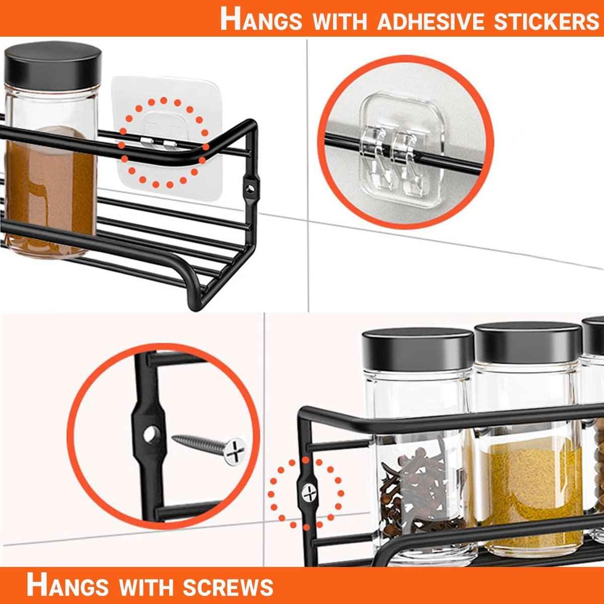 Four-Tier Metal Wall-Mounted Spice Rack - Suitable for Kitchens and Cabinet Interiors - Neatly Organizes Spice Jars and Spices (Black)