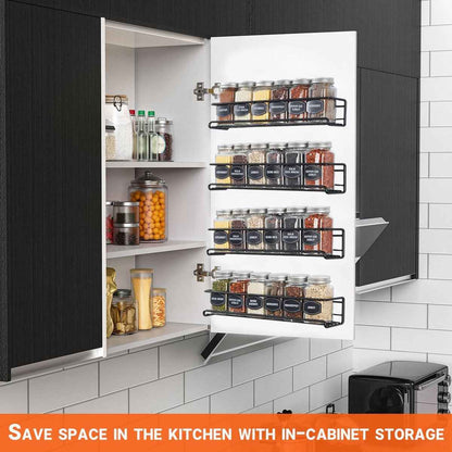 Four-Tier Metal Wall-Mounted Spice Rack - Suitable for Kitchens and Cabinet Interiors - Neatly Organizes Spice Jars and Spices (Black)