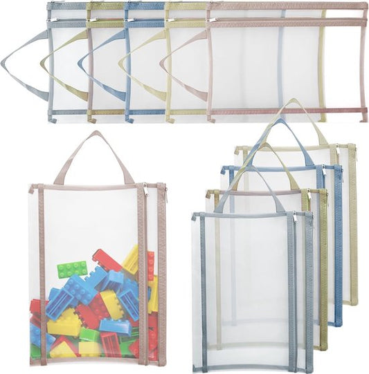 Storage Bags - Set of 10 - Colorful Double-Layer Mesh Bags with Zipper - Organize and Store Building Blocks and Toys - Breathable and Transparent A4 Bags - With Handles - Suitable for School, Office and Game Storage