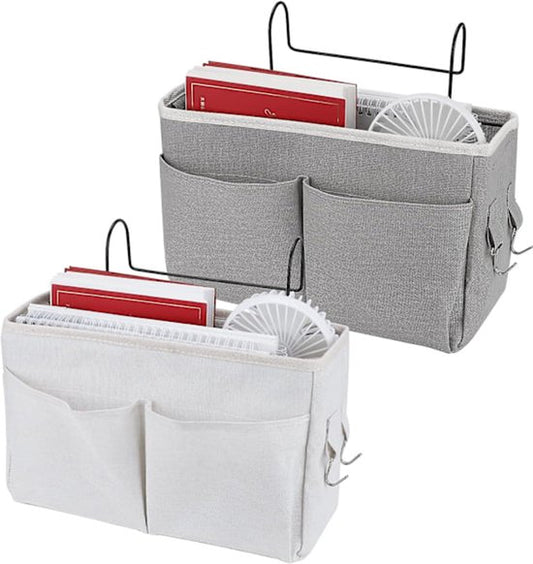 Bedside Organizer - Waterproof Canvas Bedside Organizer - Hanging Bedside Basket - For Home, Office & School Bedside Tables (Gray, White)