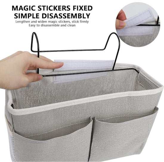 Bedside Organizer - Waterproof Canvas Bedside Organizer - Hanging Bedside Basket - For Home, Office & School Bedside Tables (Gray, White)