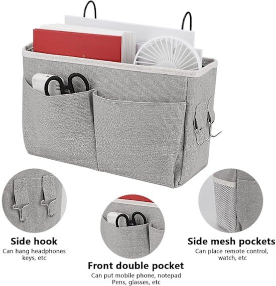 Bedside Organizer - Waterproof Canvas Bedside Organizer - Hanging Bedside Basket - For Home, Office & School Bedside Tables (Gray, White)