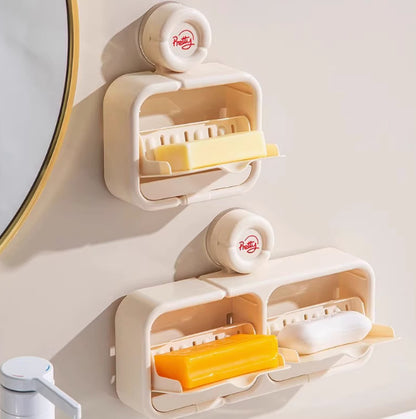 Soap Dish - Soap Holder - Soap Box with Lid - Shower Organizer - Bathroom Accessories - Soap Rack - Shower Tray - Soap Bowl - No Drilling - Self-Adhesive - Bathroom Rack - Sponge Holder - Soap Bowl Shower - Double - Wall Mount - Gray - 1 Piece