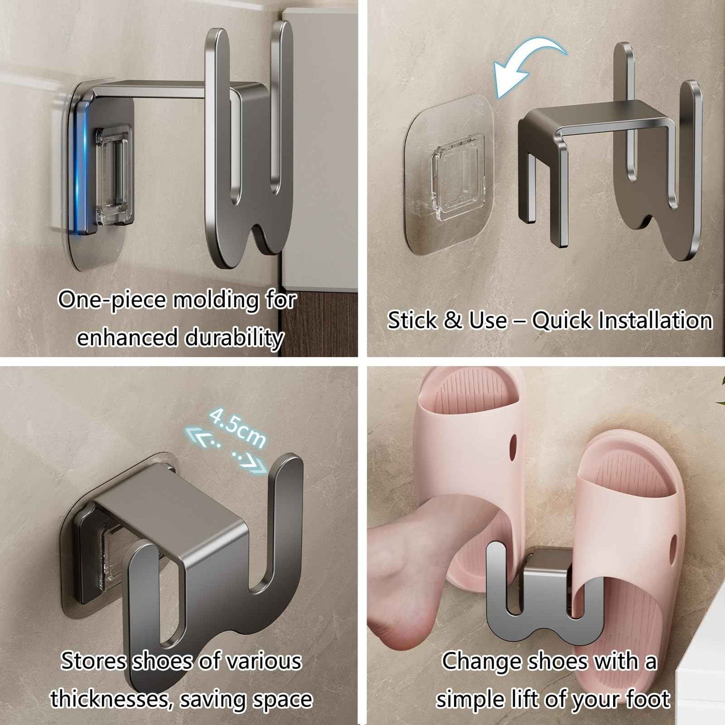 Shoe Rack - Slippers Holder - Bathroom Accessories - Shoe Storage - Wall Hook - Self-Adhesive - Shoe Hanging System - Bathroom Organizer - Hallway Accessories - No Drilling - Black - 2 pieces