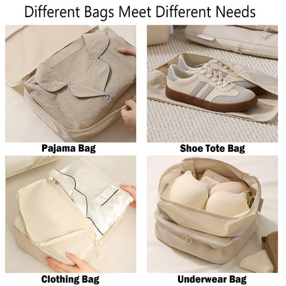 Packing Cubes - Suitcase Organizers - Travel Organizer Set - Luggage Organizer - Clothes Storage - Space Saving - Holiday Accessories - Shoe Bag - Laundry Bag - Backpacking - Travel Bag - Water-Repellent - Beige - 6 Pieces