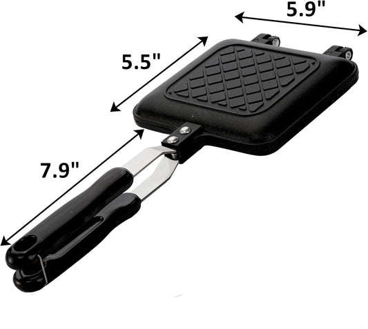 Sandwich Iron - Sandwich Maker - Grill Pan - Camping Sandwich Iron - Panini Grill - Frying Pan - Gas Stove Pan - Double-Sided Pan - Non-Stick Coating - Sandwich Clamp - Manual Toaster - Toaster - Breakfast Making - Kitchen - Black - 1 Piece