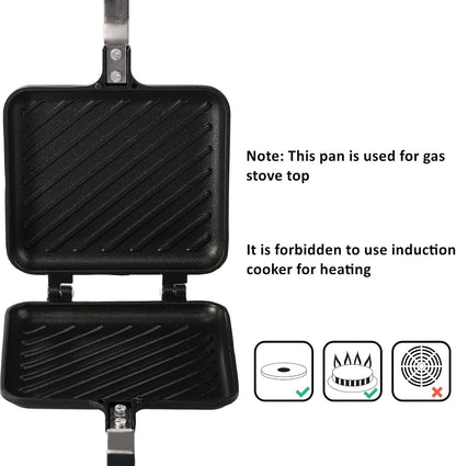 Sandwich Iron - Sandwich Maker - Grill Pan - Camping Sandwich Iron - Panini Grill - Frying Pan - Gas Stove Pan - Double-Sided Pan - Non-Stick Coating - Sandwich Clamp - Manual Toaster - Toaster - Breakfast Making - Kitchen - Black - 1 Piece