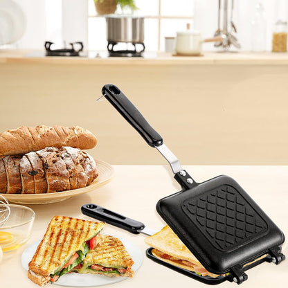 Sandwich Iron - Sandwich Maker - Grill Pan - Camping Sandwich Iron - Panini Grill - Frying Pan - Gas Stove Pan - Double-Sided Pan - Non-Stick Coating - Sandwich Clamp - Manual Toaster - Toaster - Breakfast Making - Kitchen - Black - 1 Piece