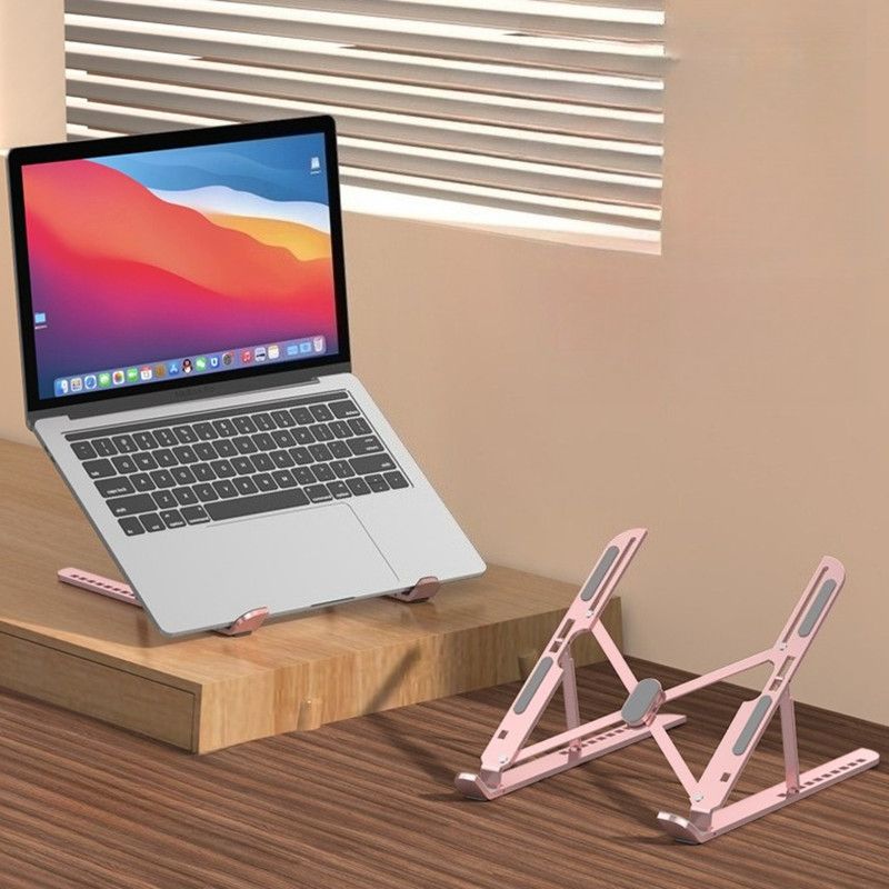 10-Gear Adjustable Aluminum Foldable Laptop Stand, Hollow Cooling Double Triangle Stable Riser—Pink