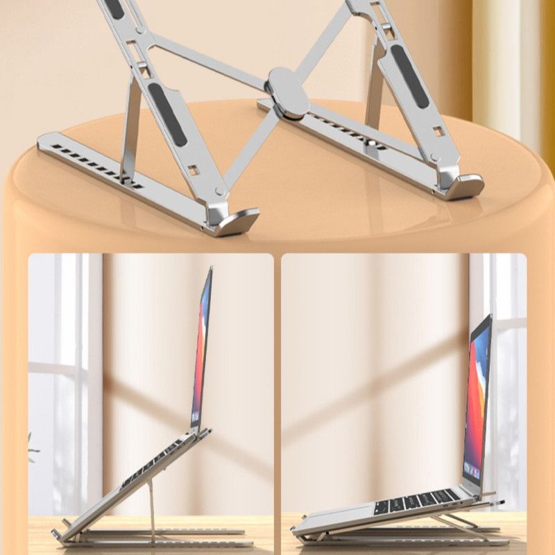 10-Gear Adjustable Aluminum Foldable Laptop Stand, Hollow Cooling Double Triangle Stable Riser—Silver