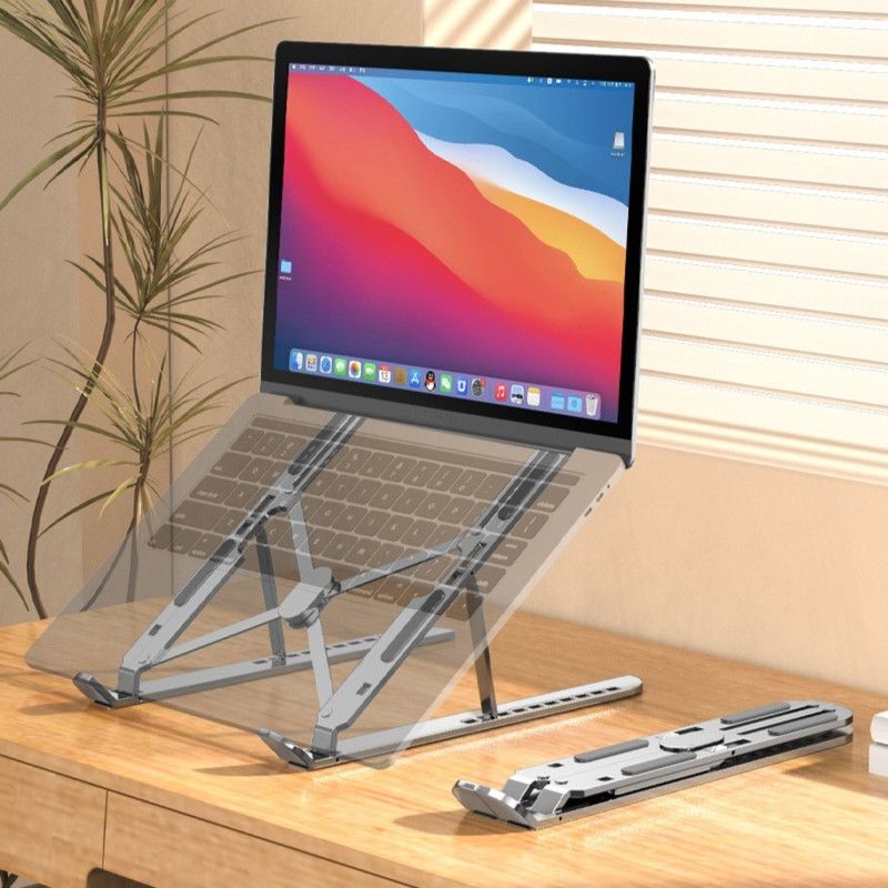 10-Gear Adjustable Aluminum Foldable Laptop Stand, Hollow Cooling Double Triangle Stable Riser—Silver