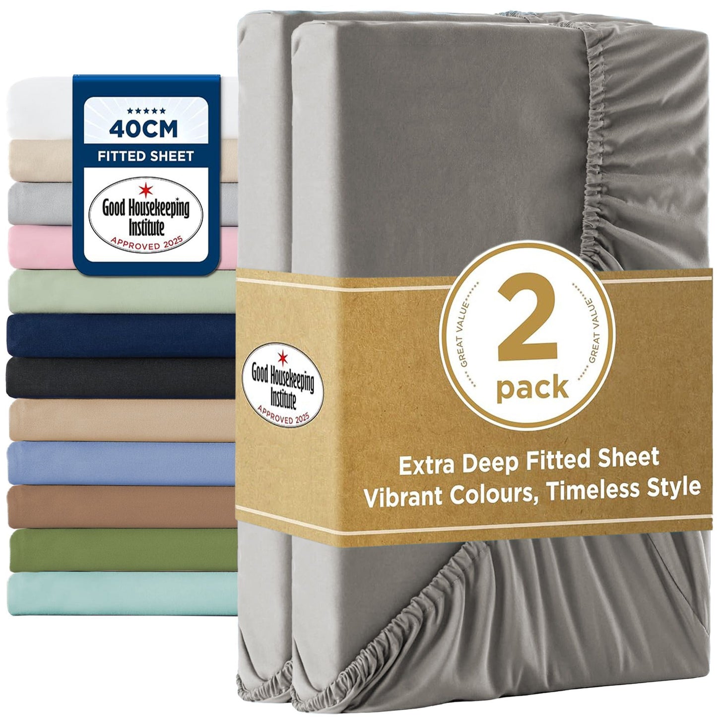 2000TC Hotel Quality Fitted Sheets - 2 Piece Fitted Sheets  -Breathable Bedding - Wrinkle, Fade, Stain Resistant- 16inch/40cm Deep Pocket Fitted Bed Sheets-Wrinkle and Fade Resistant,(Grey,Queen)