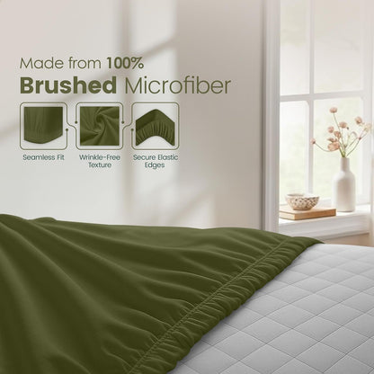 Hotel Quality Fitted Sheet - 1 Piece Fitted Sheet  -Breathable Bedding - Wrinkle, Fade, Stain Resistant- 16inch/40cm Deep Pocket Fitted Bed Sheet-Wrinkle and Fade Resistant,(Olive green,King Single)