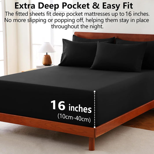 Hotel Soft Bed Sheet Set- Bedding Sheets & Pillowcases -Breathable Bedding - Wrinkle, Fade, Stain Resistant-Deep Pocket Flat Fitted Bed Sheet Set(Black,Queen)