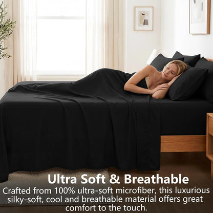 Hotel Soft Bed Sheet Set- Bedding Sheets & Pillowcases -Breathable Bedding - Wrinkle, Fade, Stain Resistant-Deep Pocket Flat Fitted Bed Sheet Set(Black,Queen)