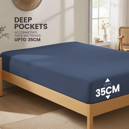 Hotel Quality Fitted Sheet - 1 Piece Fitted Sheet  -Breathable Bedding - Wrinkle, Fade, Stain Resistant- 16inch/40cm Deep Pocket Fitted Bed Sheet-Wrinkle and Fade Resistant,(Navy,Queen)
