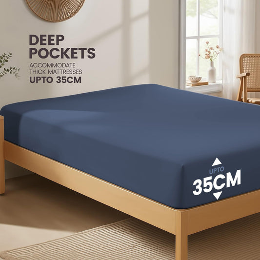 Hotel Quality Fitted Sheet - 1 Piece Fitted Sheet  -Breathable Bedding - Wrinkle, Fade, Stain Resistant- 16inch/40cm Deep Pocket Fitted Bed Sheet-Wrinkle and Fade Resistant,(Navy,Queen)