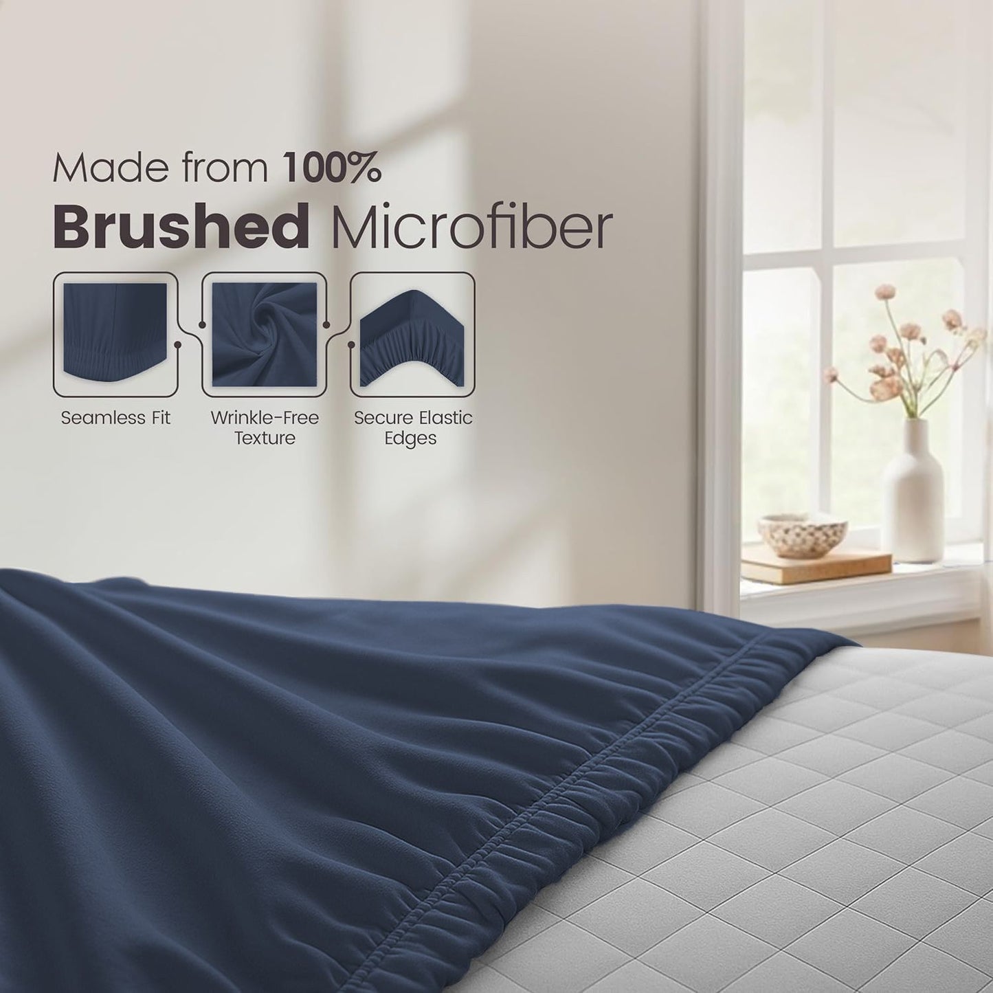 Hotel Quality Fitted Sheet - 1 Piece Fitted Sheet  -Breathable Bedding - Wrinkle, Fade, Stain Resistant- 16inch/40cm Deep Pocket Fitted Bed Sheet-Wrinkle and Fade Resistant,(Navy,Queen)