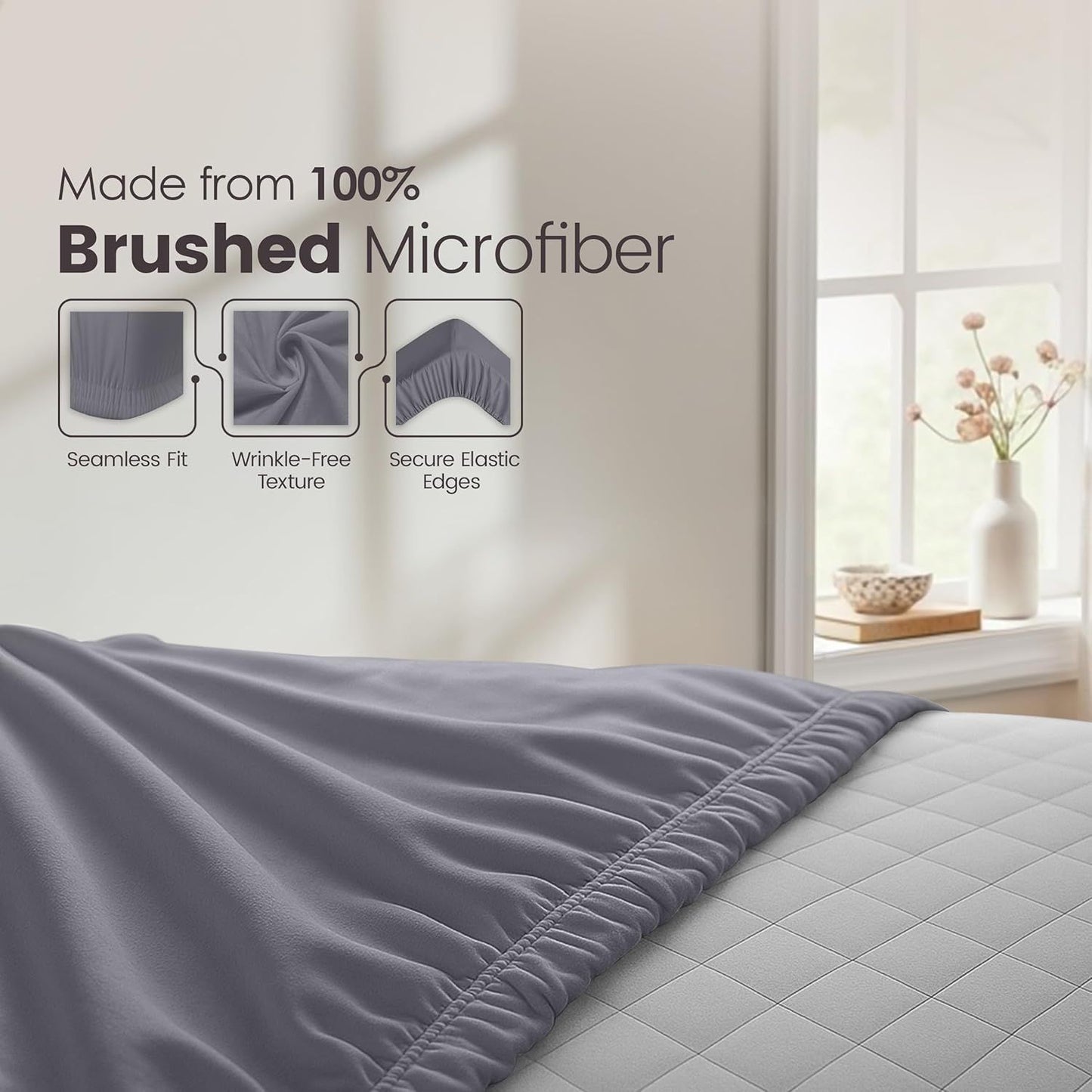 Hotel Quality Fitted Sheet - 1 Piece Fitted Sheet  -Breathable Bedding - Wrinkle, Fade, Stain Resistant- 16inch/40cm Deep Pocket Fitted Bed Sheet-Wrinkle and Fade Resistant,(Grey,Single)