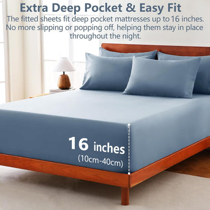 Hotel Soft Bed Sheet Set- Bedding Sheets & Pillowcases -Breathable Bedding - Wrinkle, Fade, Stain Resistant-Deep Pocket Flat Fitted Bed Sheet Set(Ocean,Super King)