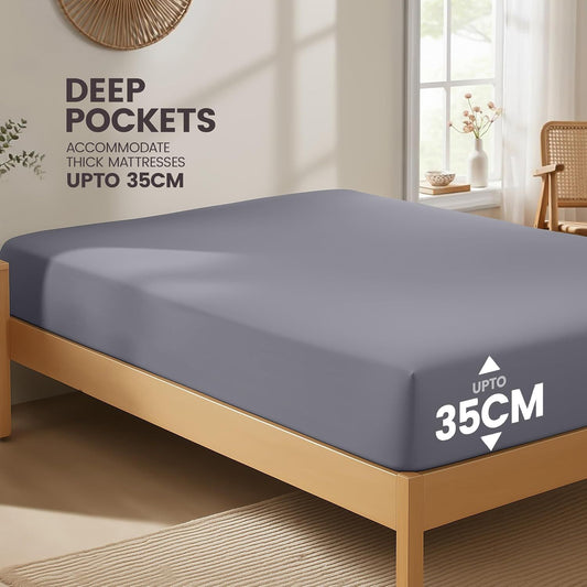 Hotel Quality Fitted Sheet - 1 Piece Fitted Sheet  -Breathable Bedding - Wrinkle, Fade, Stain Resistant- 16inch/40cm Deep Pocket Fitted Bed Sheet-Wrinkle and Fade Resistant,(Grey,Super King)