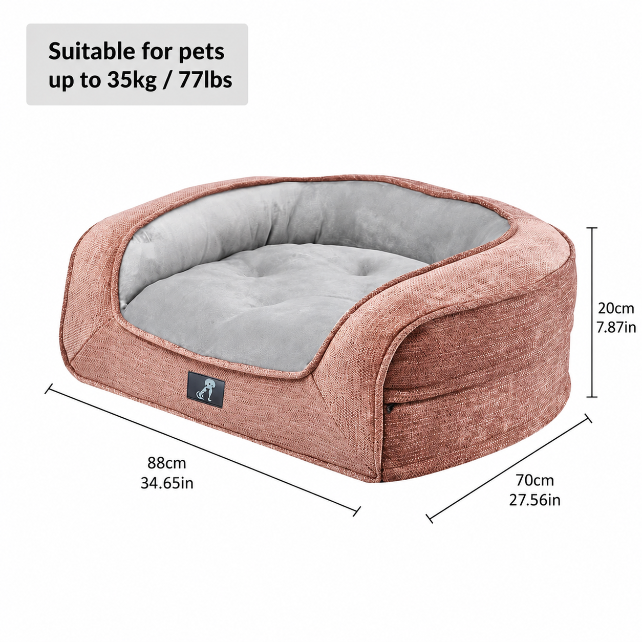 Plush Orthopedic Pet Sofa Bed with Bolstered Edges – Ultra-Soft Sponge Filled Luxury Dog and Cat Couch, Waterproof Inner Liner & Removable Washable Cover for Medium-Sized Pets Up to 35kg (Pink)
