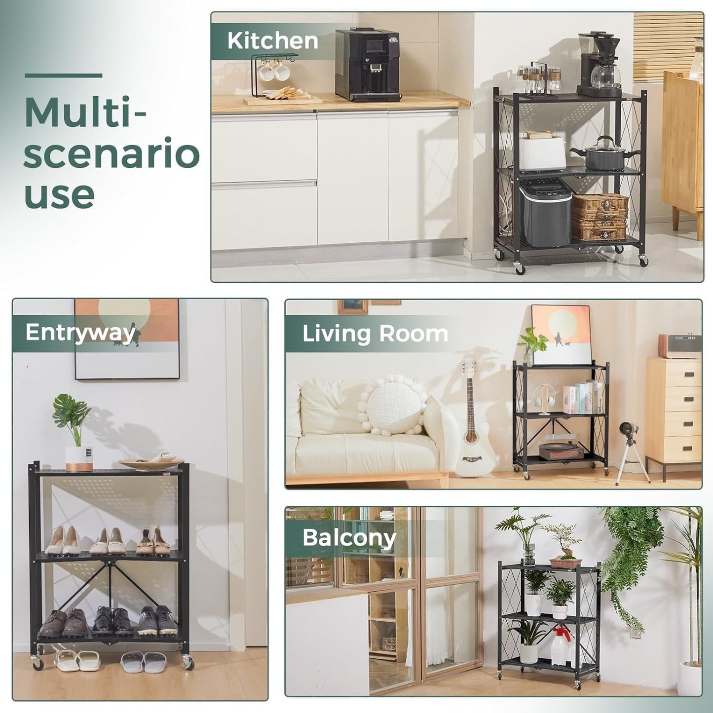 CARLA HOME 4-Tier Foldable Storage Shelf with Wheels for Kitchen, Garage, Pantry or Basement (Black)