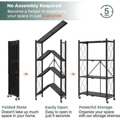CARLA HOME 4-Tier Foldable Storage Shelf with Wheels for Kitchen, Garage, Pantry or Basement (Black)