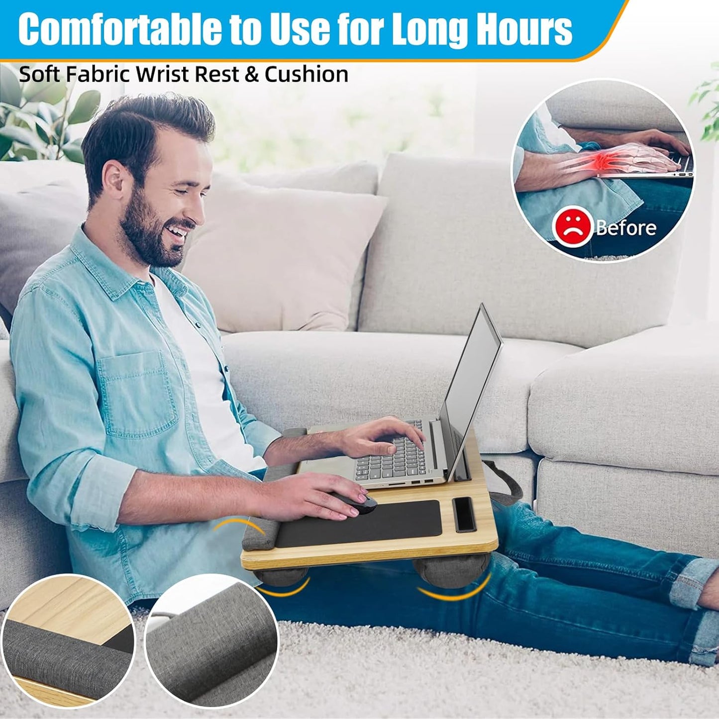 CARLA HOME Oversized Portable Lap Desk with Cushion,Mouse Pad, Tablet and Phone Holder which Fits Up to 17 Inch Laptops for Bed or Sofa (Brown)