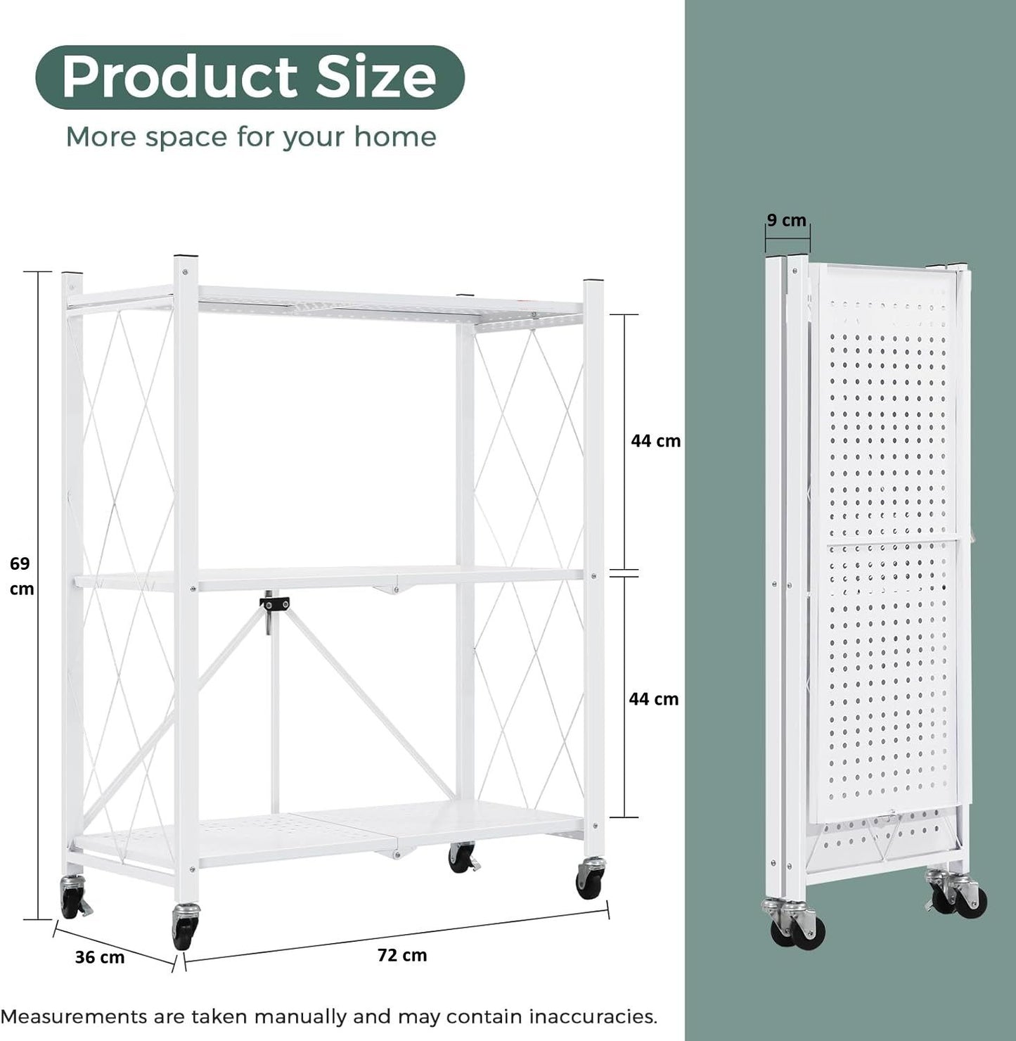 CARLA HOME 3-Tier Foldable Storage Shelf with Wheels for Kitchen, Garage, Pantry or Basement (White)